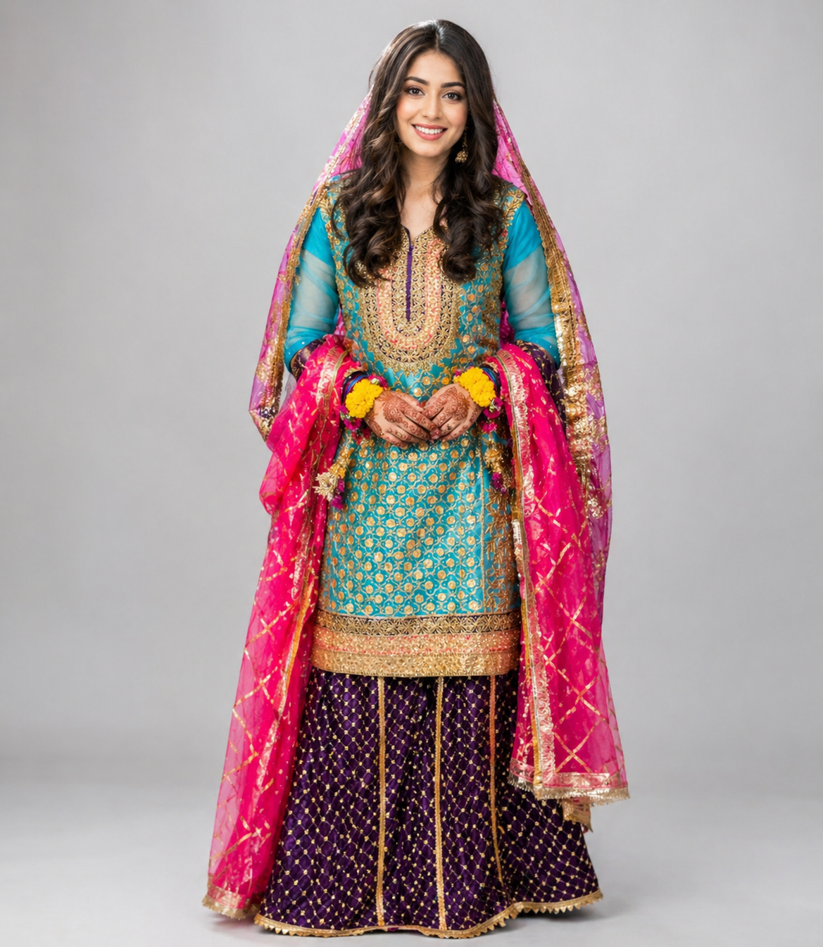 Blue Organza Bridal Sharara With Short Kurti / Kameez