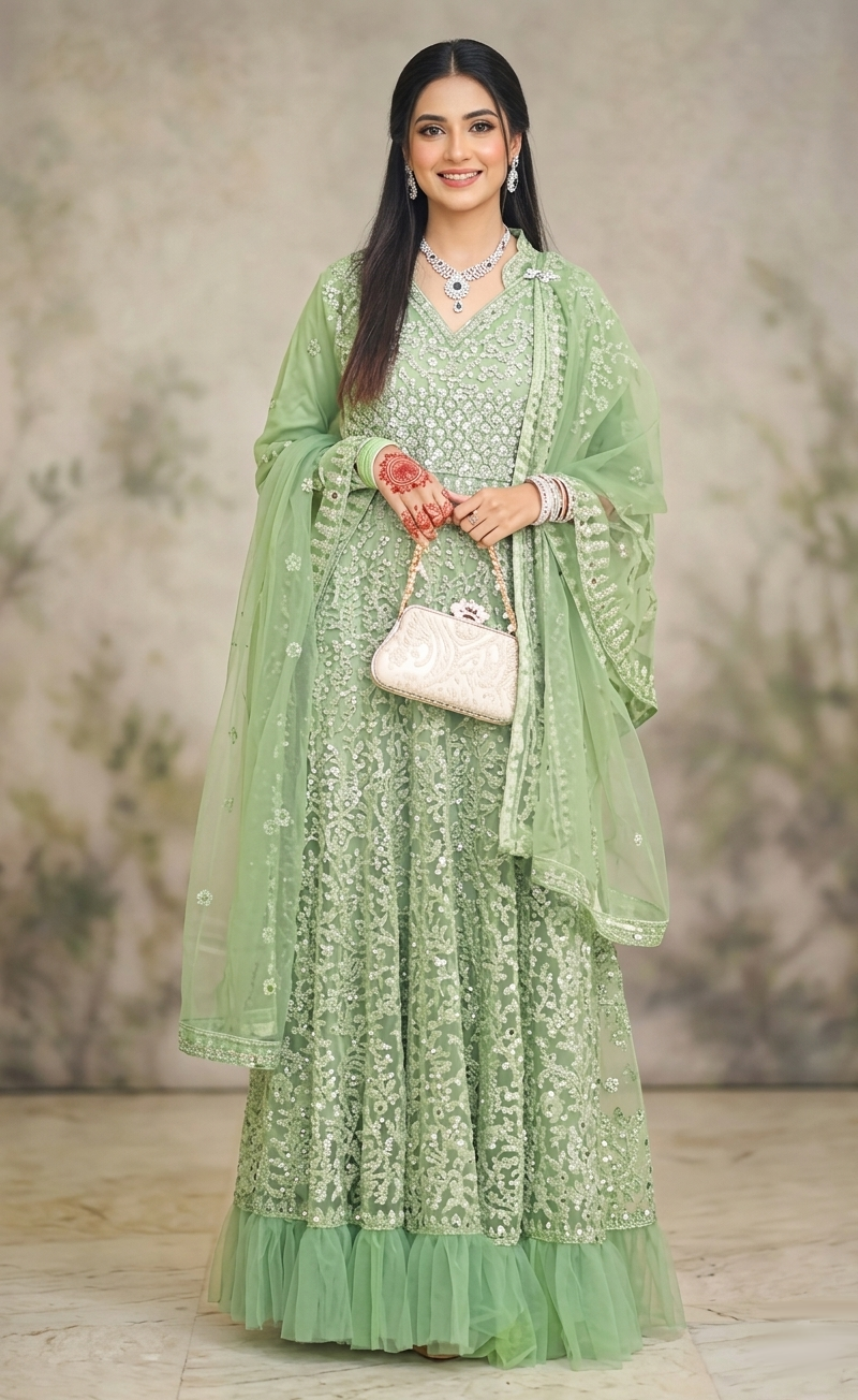 Green Net Ruffle Gown